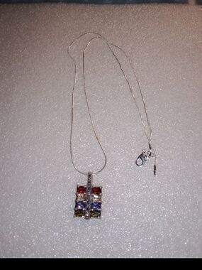 Silver Multi-Color Gemstone Pendant Necklace